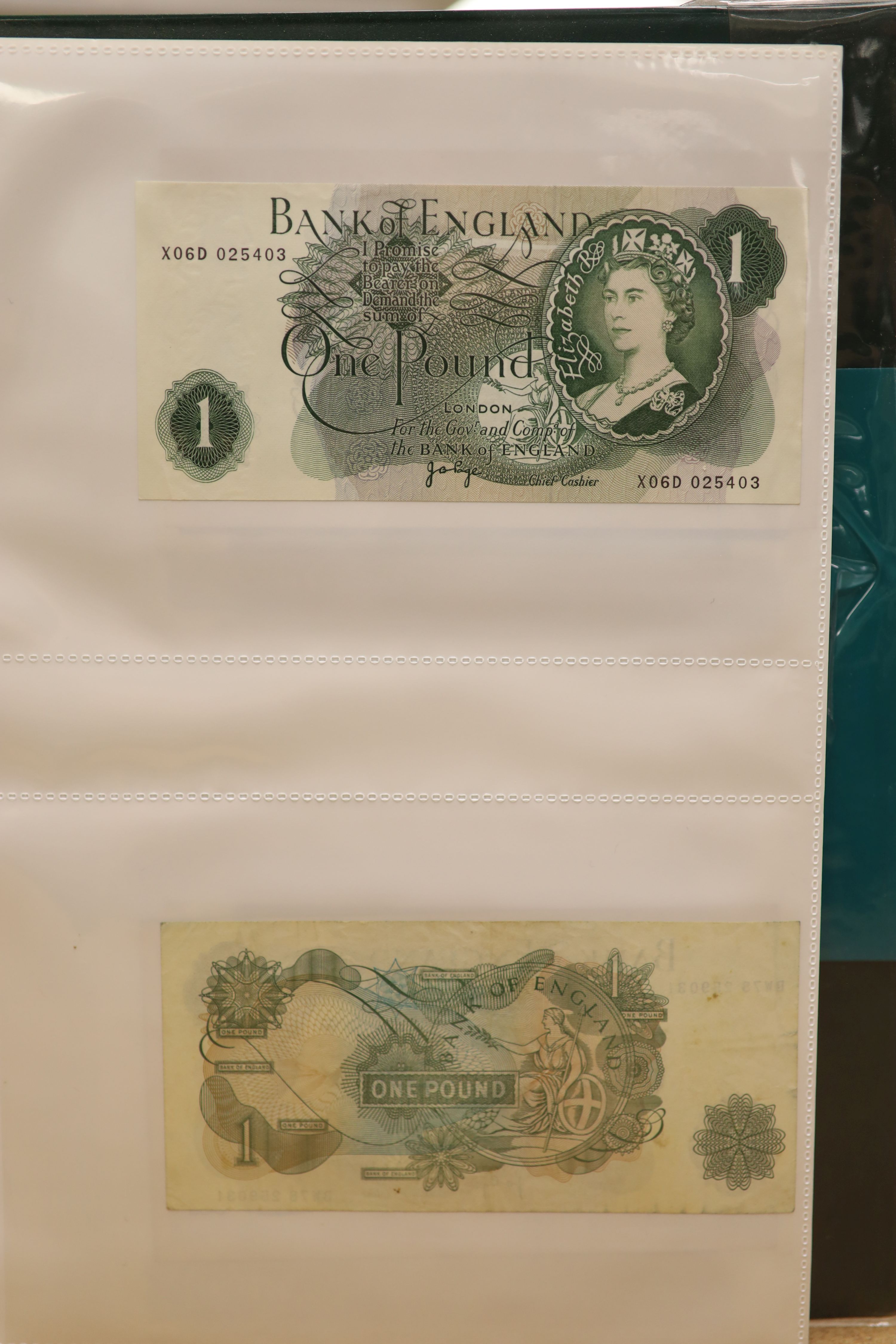 A collection of Bank of England and Scottish banknotes to include: 21 QEII 10 shillings, 14 O'Brien and Beale 10 shillings, 1 Peppiatt 10 shillings, 4 Hallam one pound notes, 18 O'Brien or Beale one pound notes, 8 Peppia